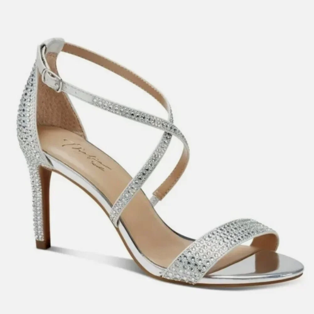 Thalia Sodi DARRIA Silver Rhinestone Stiletto Sandals Glam Nightlux 6.5M